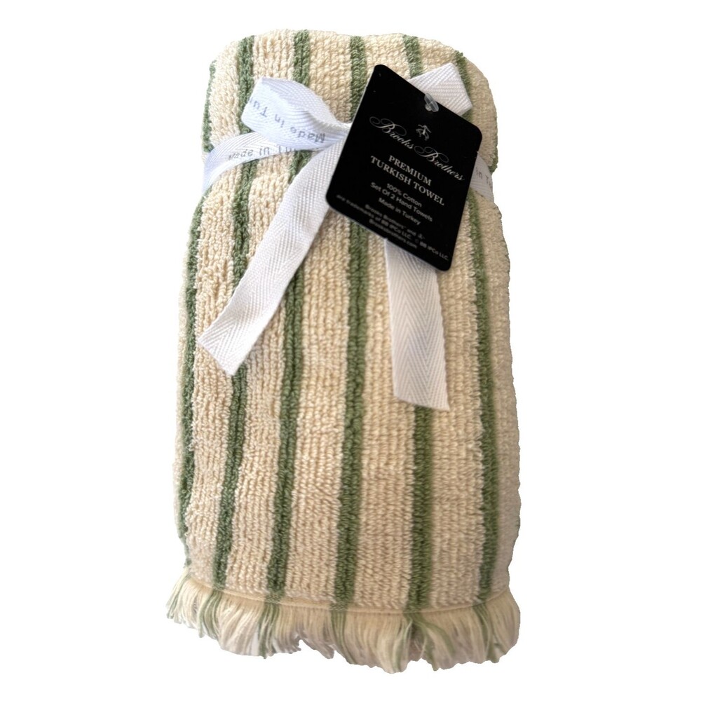 Brooks Brothers Hand Towels Ivory Green Stripe Made in Turkey Set of 2
